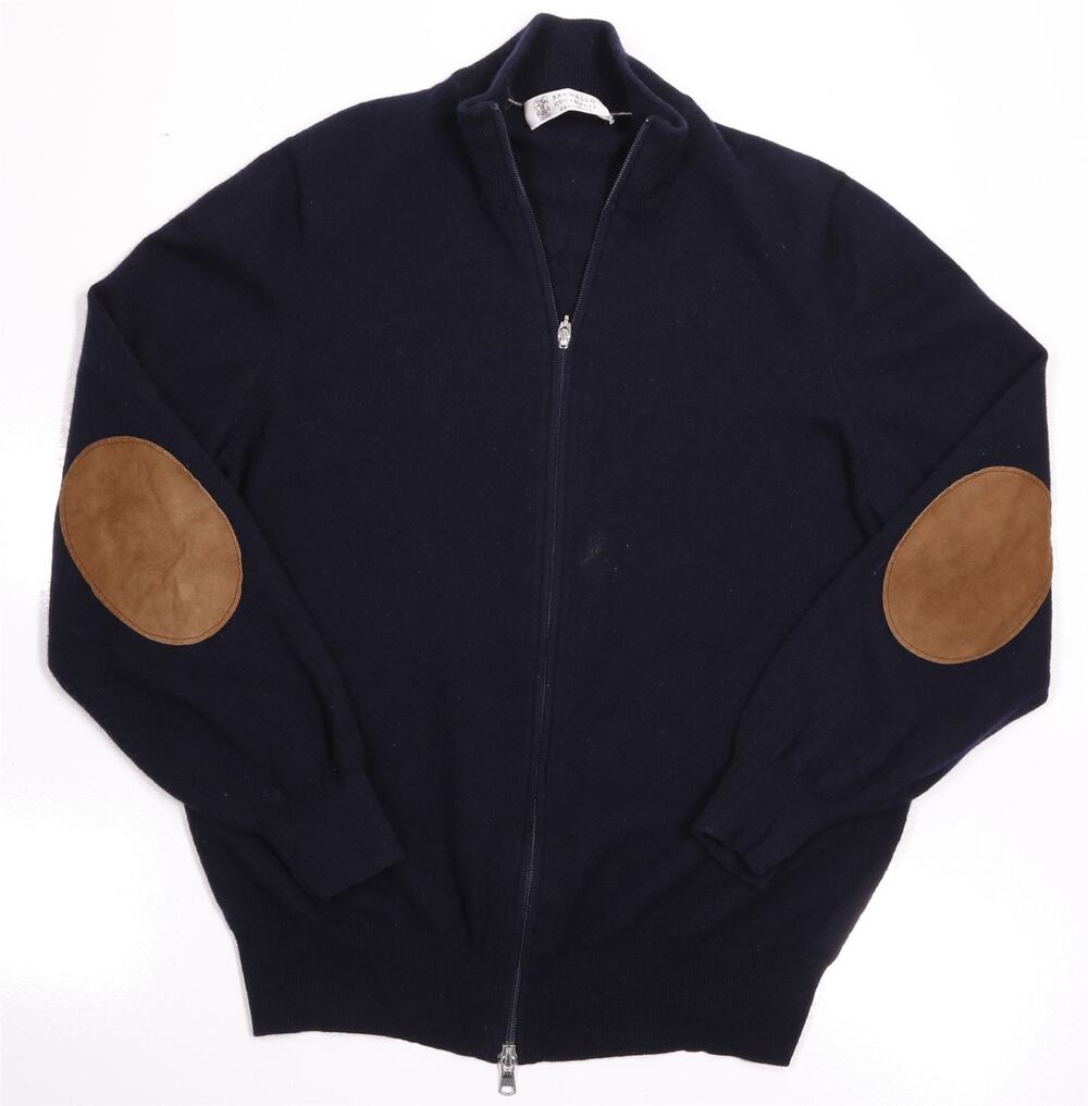 Brunello Cucinelli Navy Blue Full Zip 100% Cashmere Leather Elbow Sweater Small